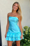 Turquoise Ruffled Strapless Tiered A-Line Satin Homecoming Dress