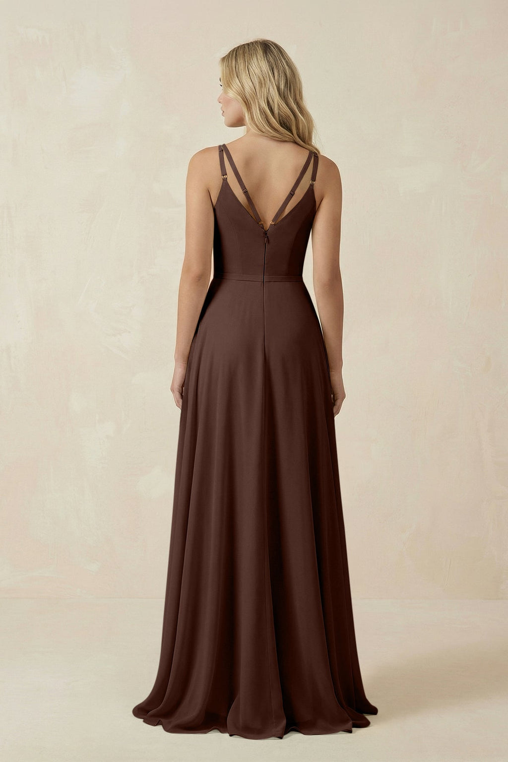 V-Neck A-Line Chiffon Bridesmaid Dress with Crisscross Back in Espresso
