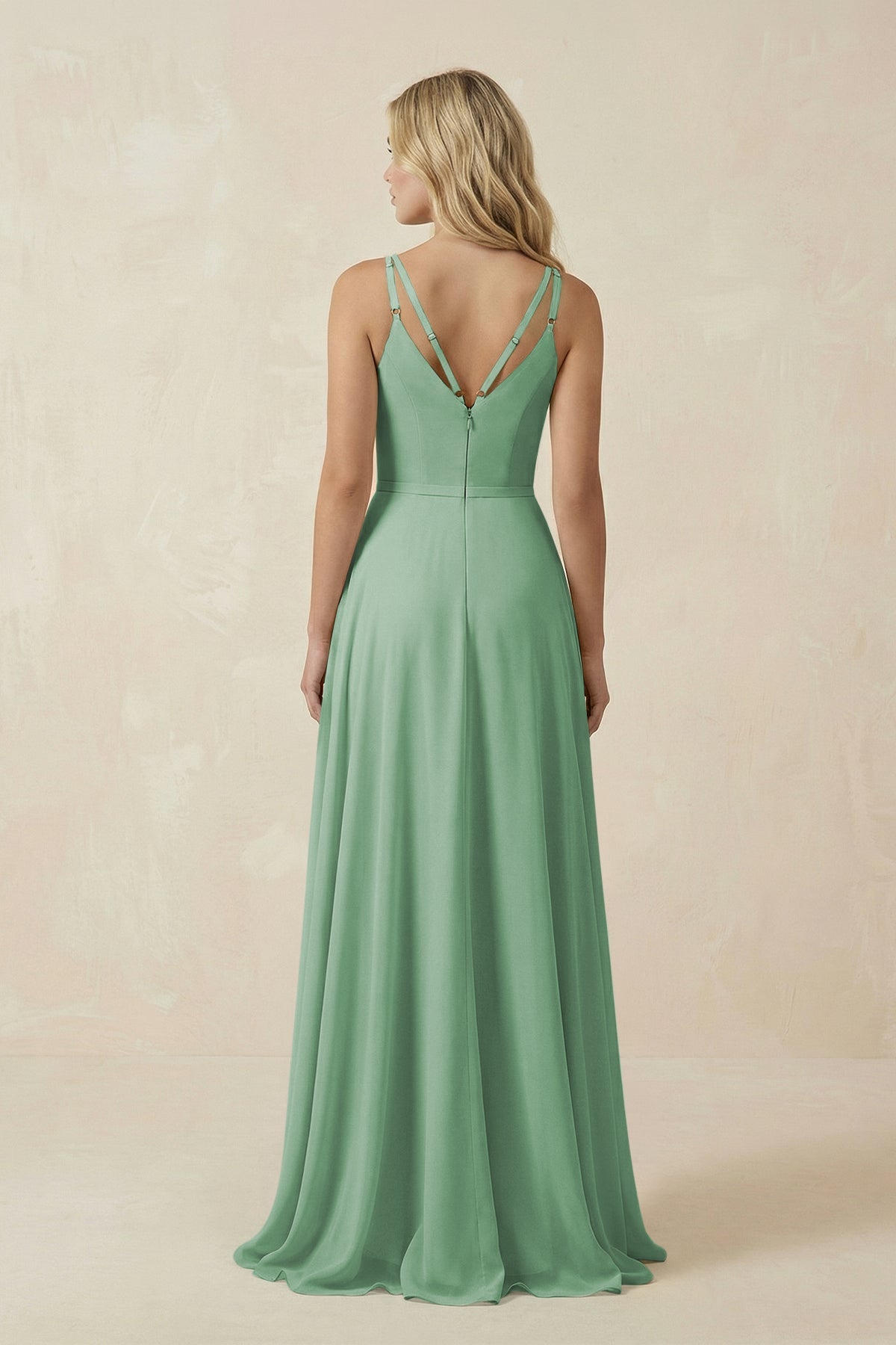 V-Neck A-Line Chiffon Bridesmaid Dress with Crisscross Back in Sea Glass