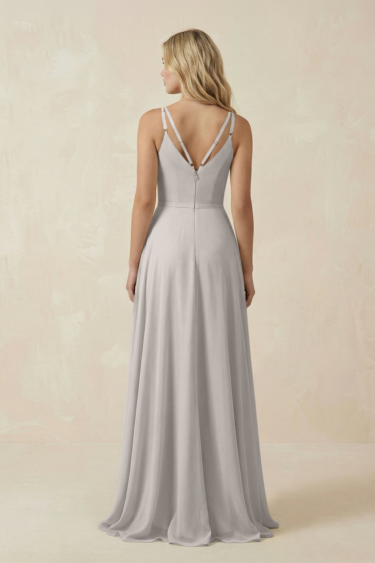 V-Neck A-Line Chiffon Bridesmaid Dress with Crisscross Back in Silver