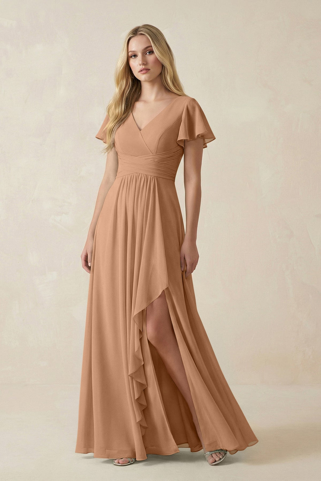 V-Neck Flutter Sleeve A-Line Chiffon Bridesmaid Dress in Bronzer