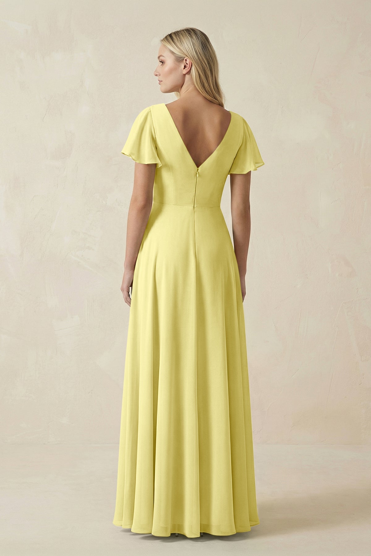 V-Neck Flutter Sleeve A-Line Chiffon Bridesmaid Dress in Buttercup