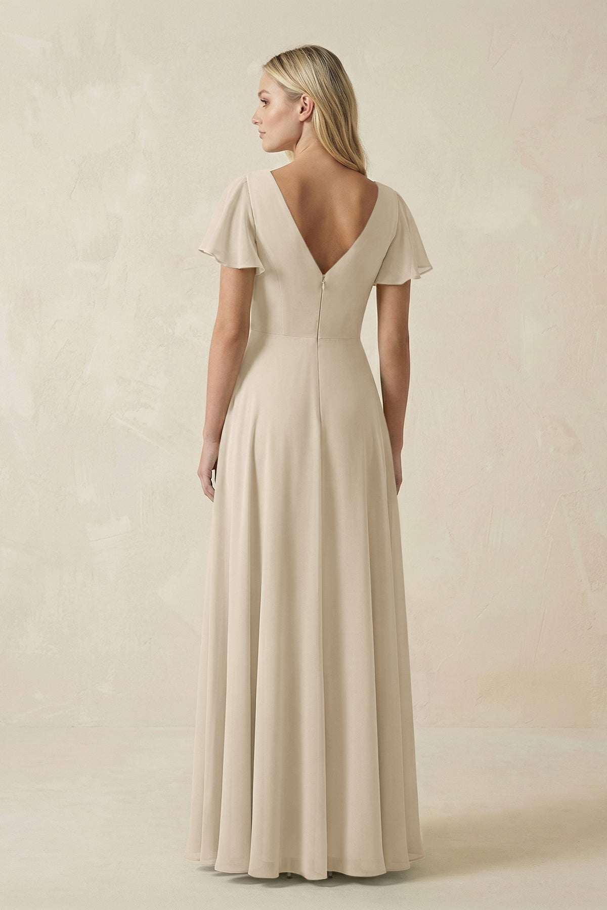 V-Neck Flutter Sleeve A-Line Chiffon Bridesmaid Dress in Champagne