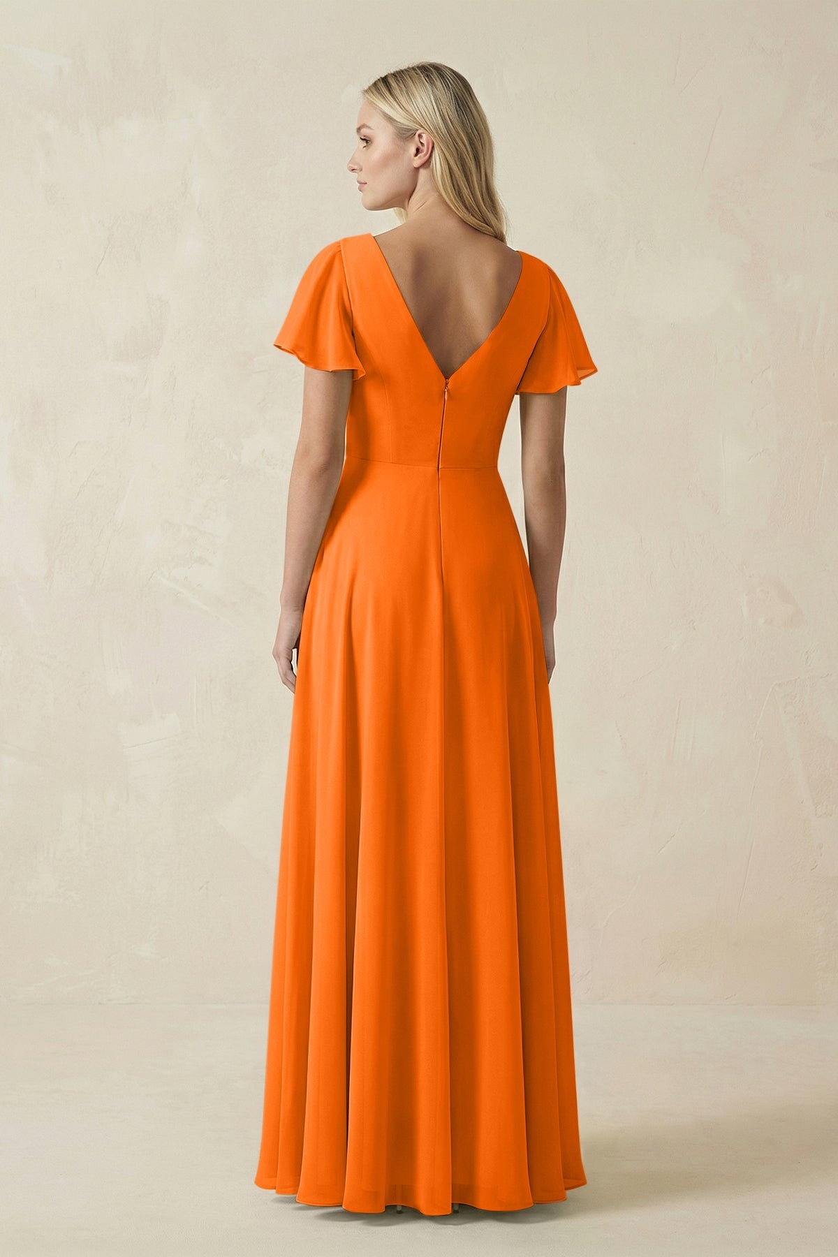 V-Neck Flutter Sleeve A-Line Chiffon Bridesmaid Dress in Cinnamon