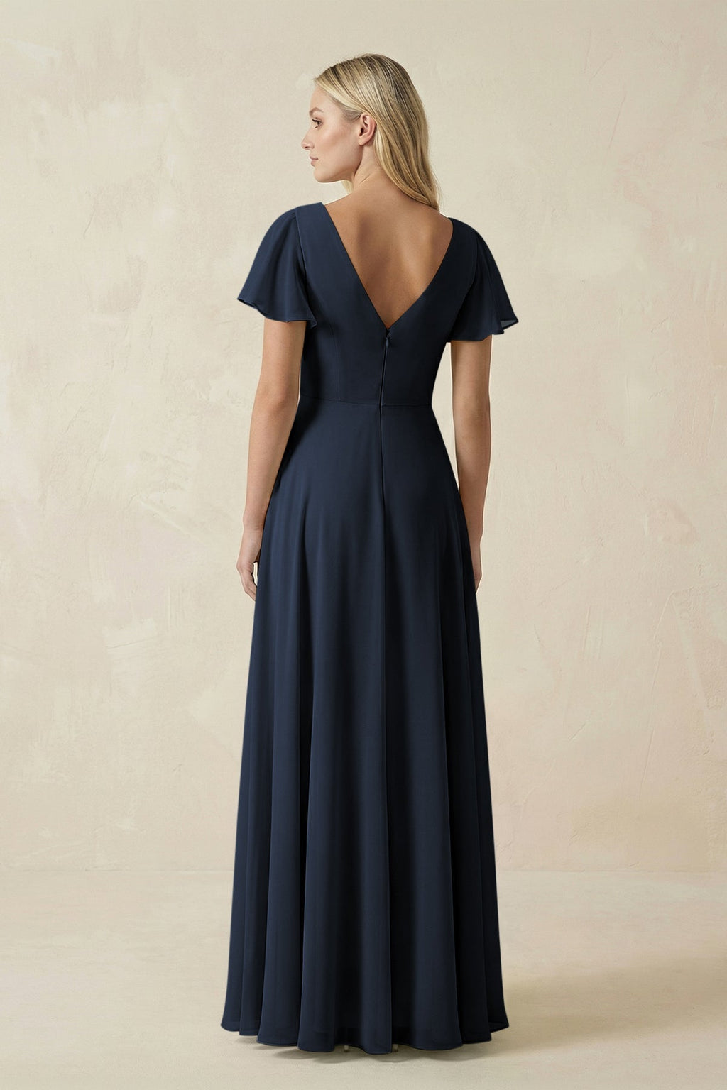 V-Neck Flutter Sleeve A-Line Chiffon Bridesmaid Dress in Dark Navy