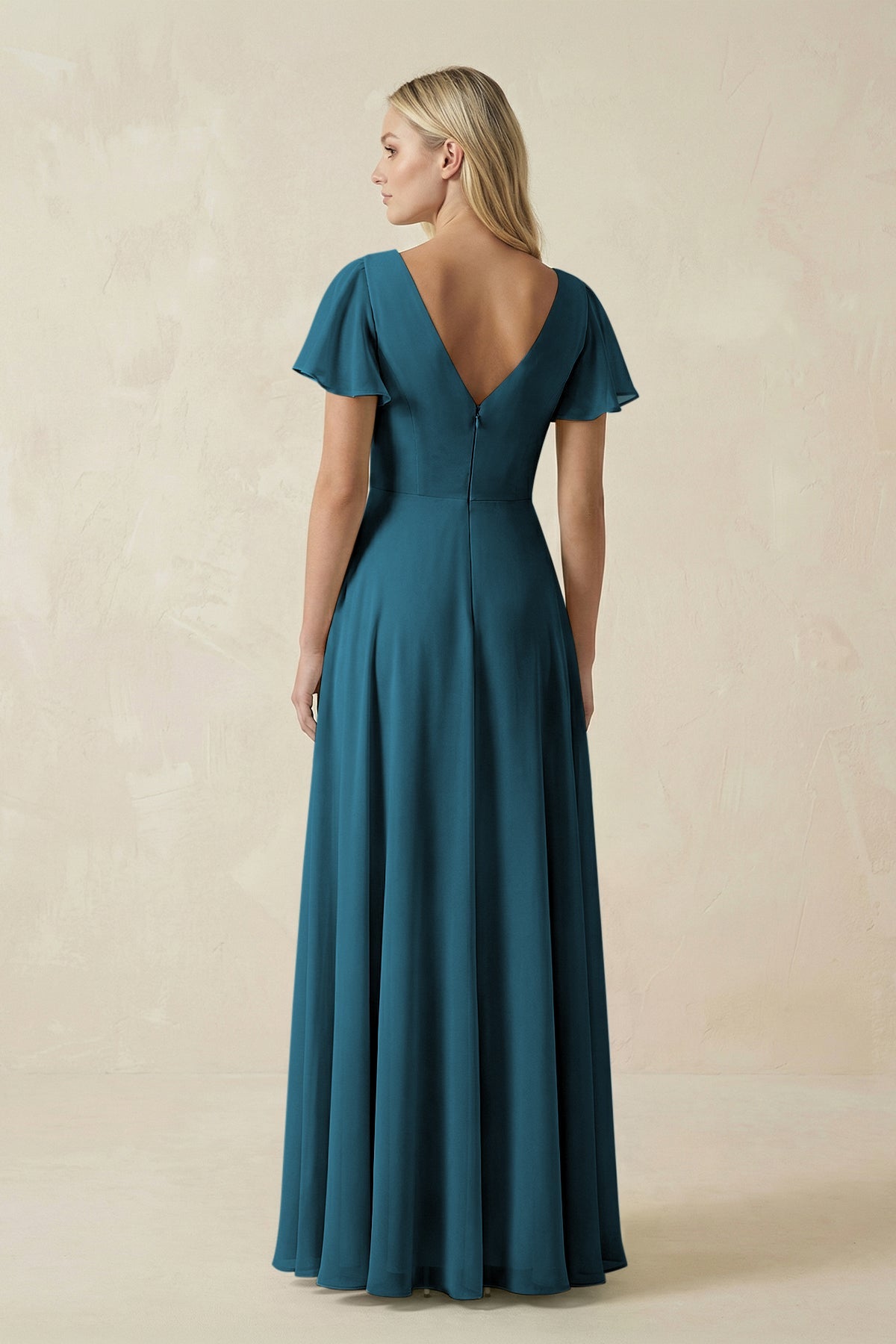 V-Neck Flutter Sleeve A-Line Chiffon Bridesmaid Dress in Dark Teal