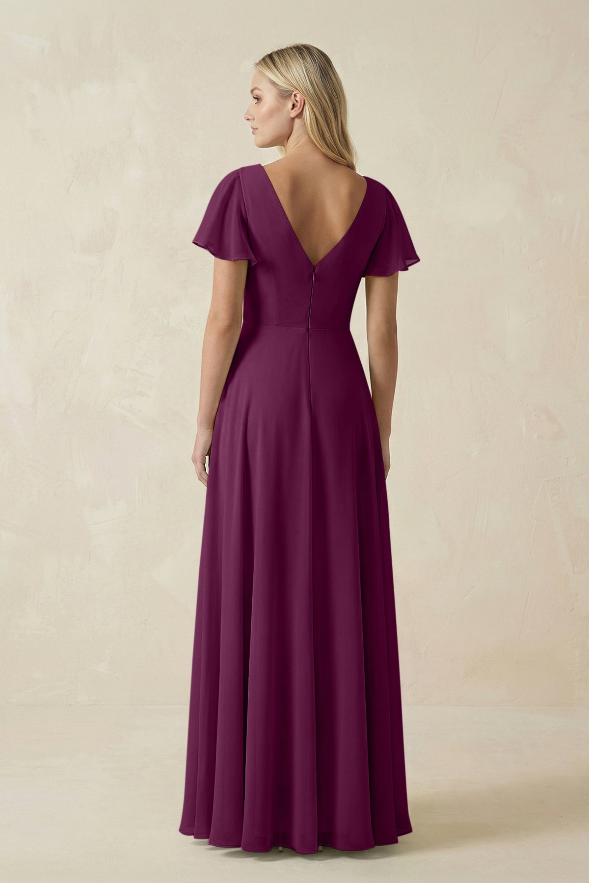 V-Neck Flutter Sleeve A-Line Chiffon Bridesmaid Dress in Fig