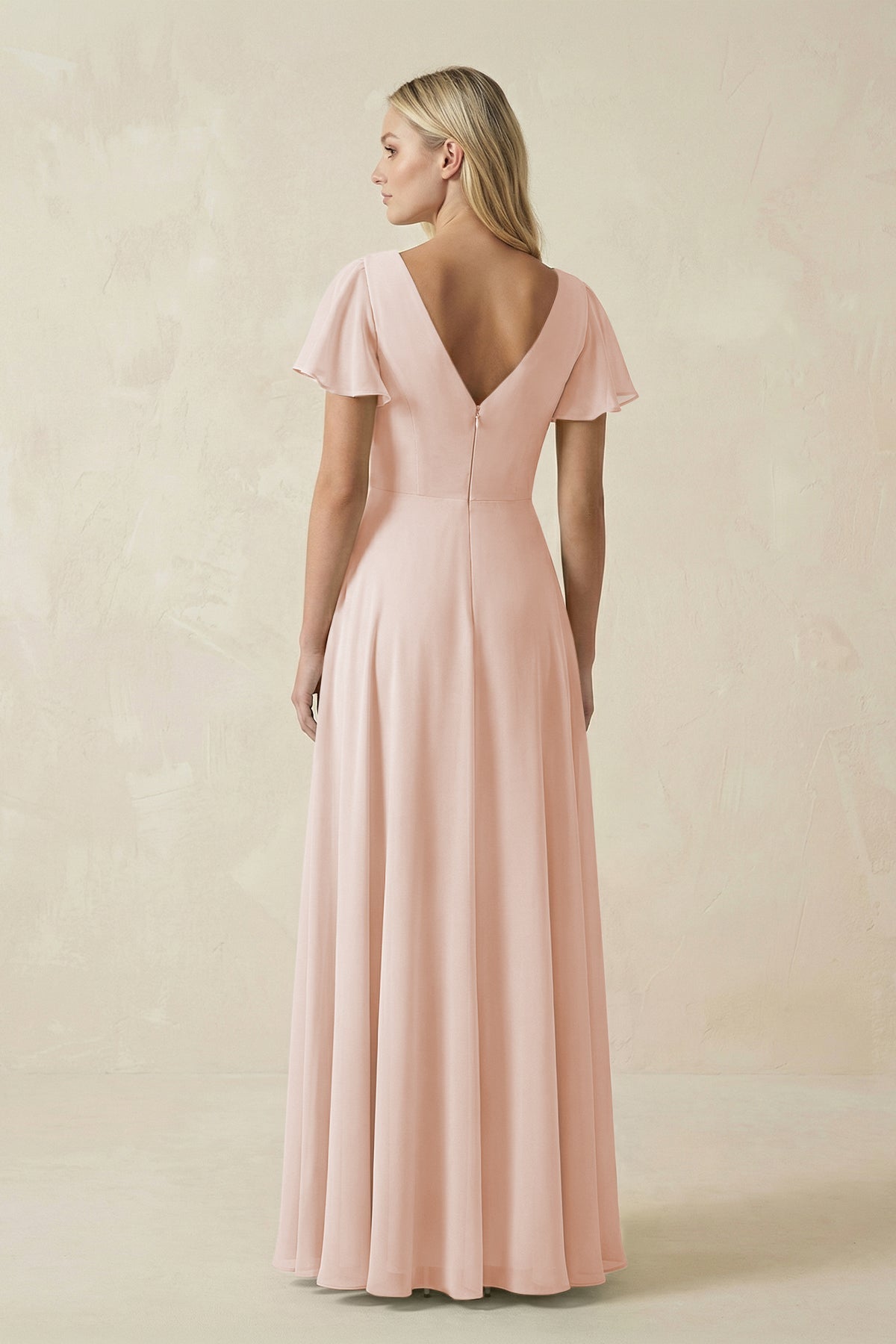 V-Neck Flutter Sleeve A-Line Chiffon Bridesmaid Dress in Pale Blush