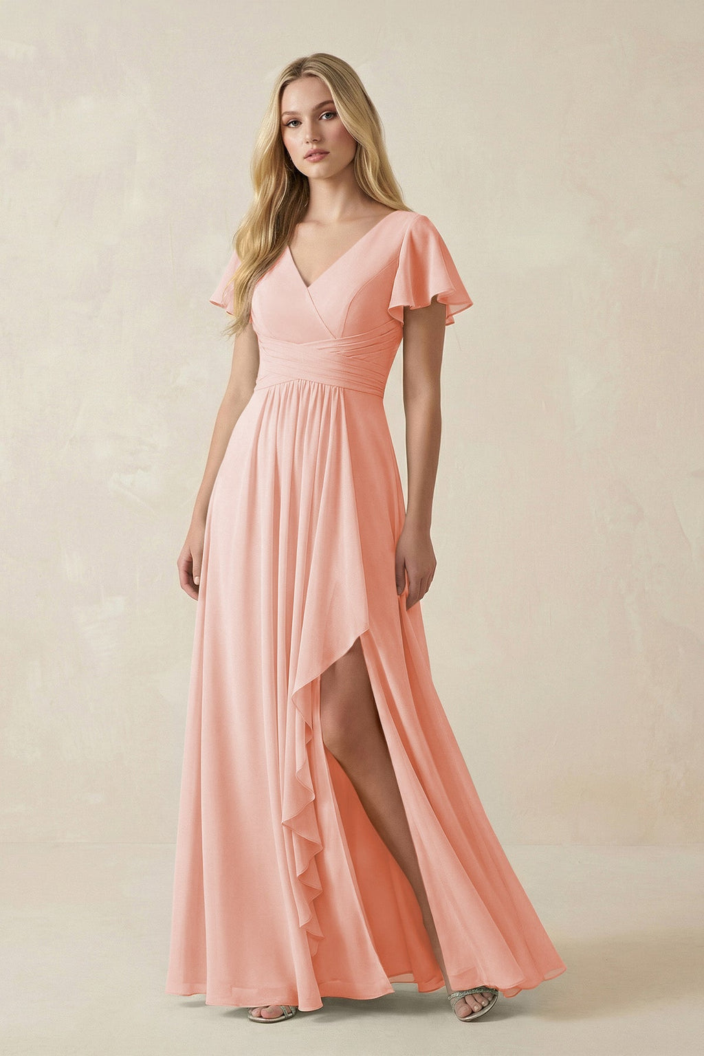 V-Neck Flutter Sleeve A-Line Chiffon Bridesmaid Dress in Rose Petal
