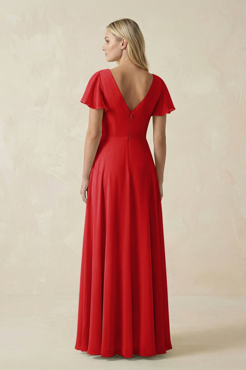 V-Neck Flutter Sleeve A-Line Chiffon Bridesmaid Dress in Ruby Red