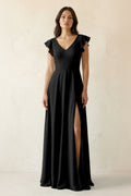 V-Neck Ruffled A-Line Chiffon Bridesmaid Dress in Black