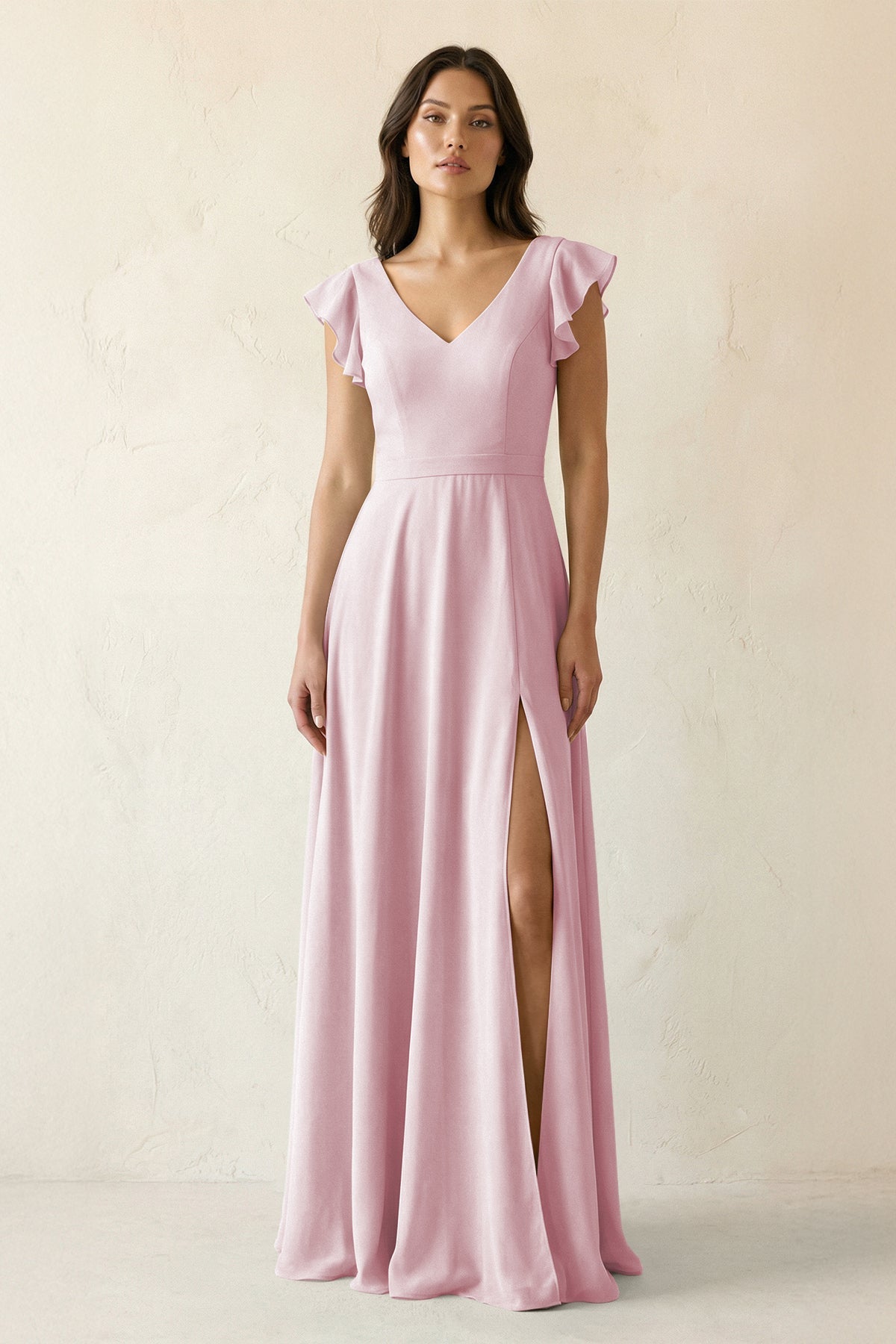 V-Neck Ruffled A-Line Chiffon Bridesmaid Dress in Candy Pink