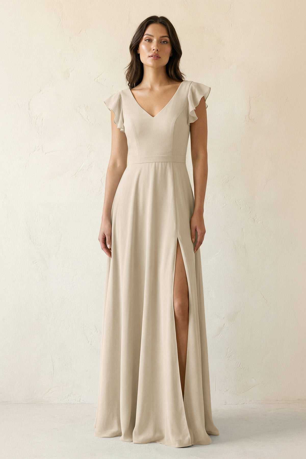 V-Neck Ruffled A-Line Chiffon Bridesmaid Dress in Champagne