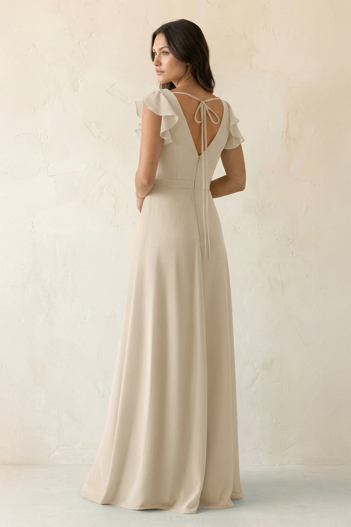 V-Neck Ruffled A-Line Chiffon Bridesmaid Dress in Champagne