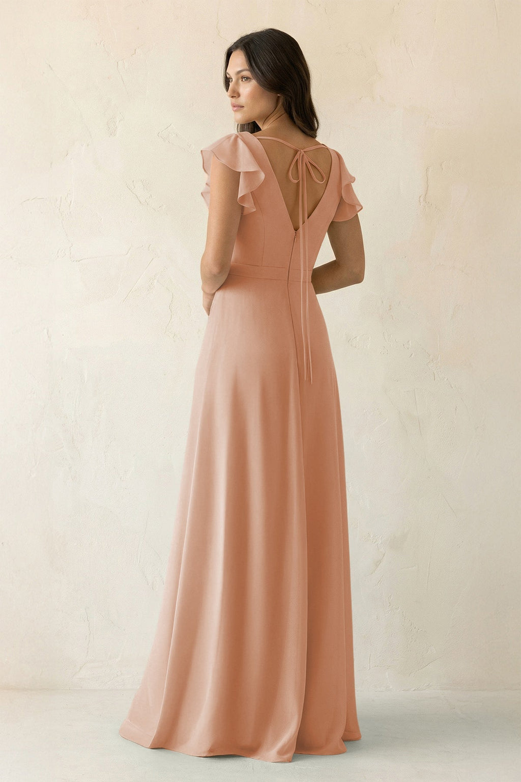 V-Neck Ruffled A-Line Chiffon Bridesmaid Dress in Champagne Rose