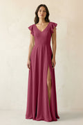 V-Neck Ruffled A-Line Chiffon Bridesmaid Dress in Desert Rose