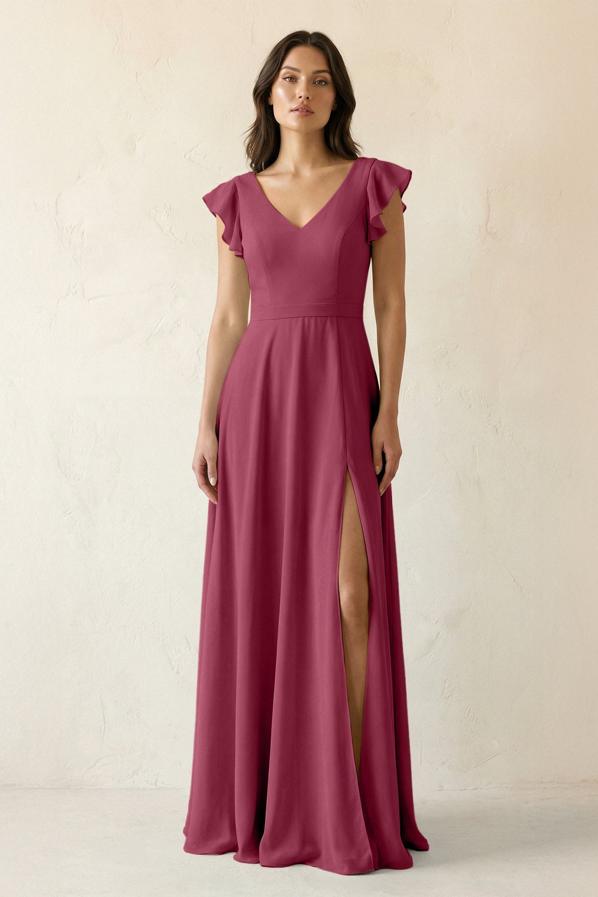 V-Neck Ruffled A-Line Chiffon Bridesmaid Dress in Desert Rose
