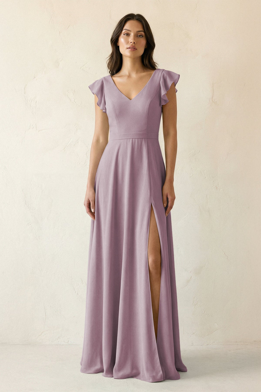 V-Neck Ruffled A-Line Chiffon Bridesmaid Dress in Dusk