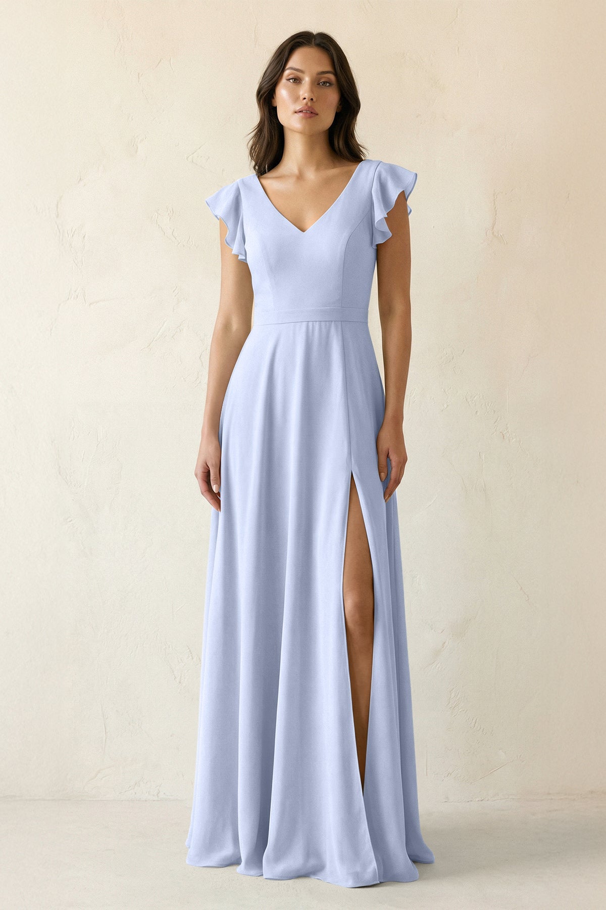 V-Neck Ruffled A-Line Chiffon Bridesmaid Dress in Ice