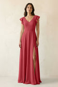 V-Neck Ruffled A-Line Chiffon Bridesmaid Dress in Merlot