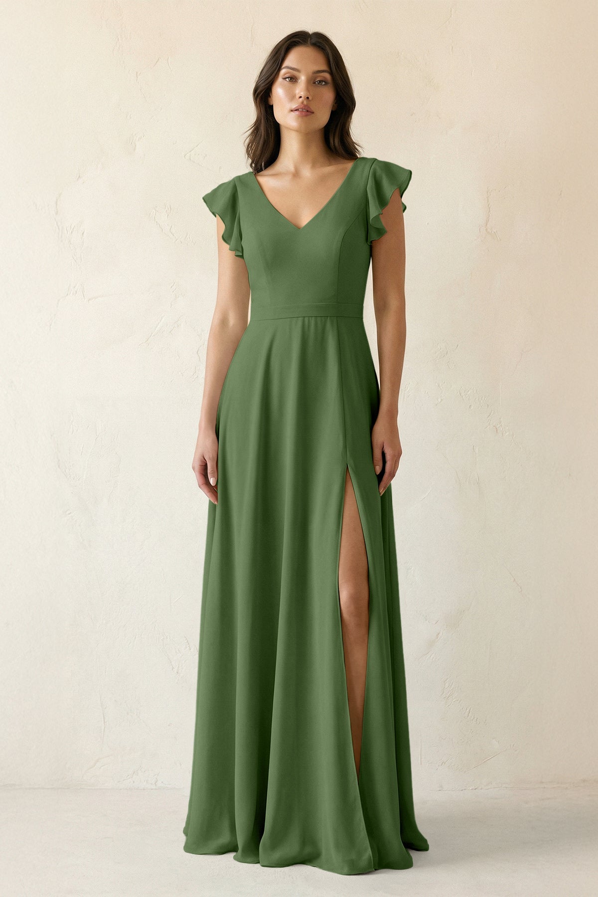 V-Neck Ruffled A-Line Chiffon Bridesmaid Dress in Moss