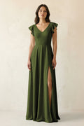 V-Neck Ruffled A-Line Chiffon Bridesmaid Dress in Olive
