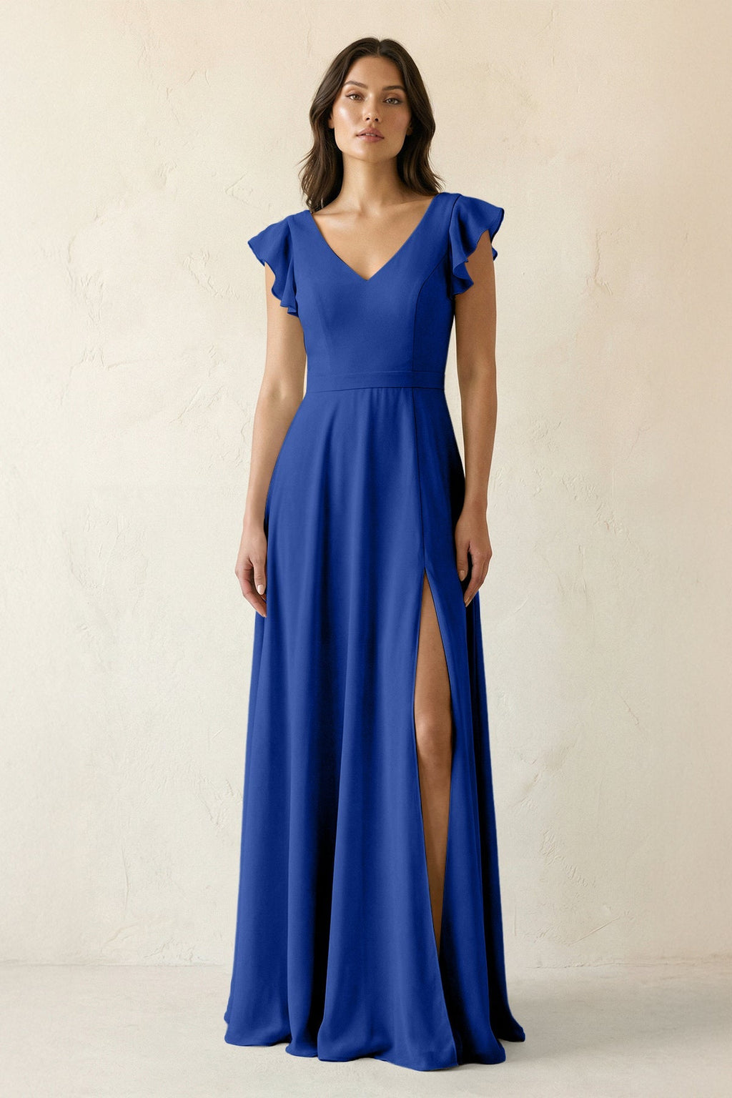 V-Neck Ruffled A-Line Chiffon Bridesmaid Dress in Royal Blue