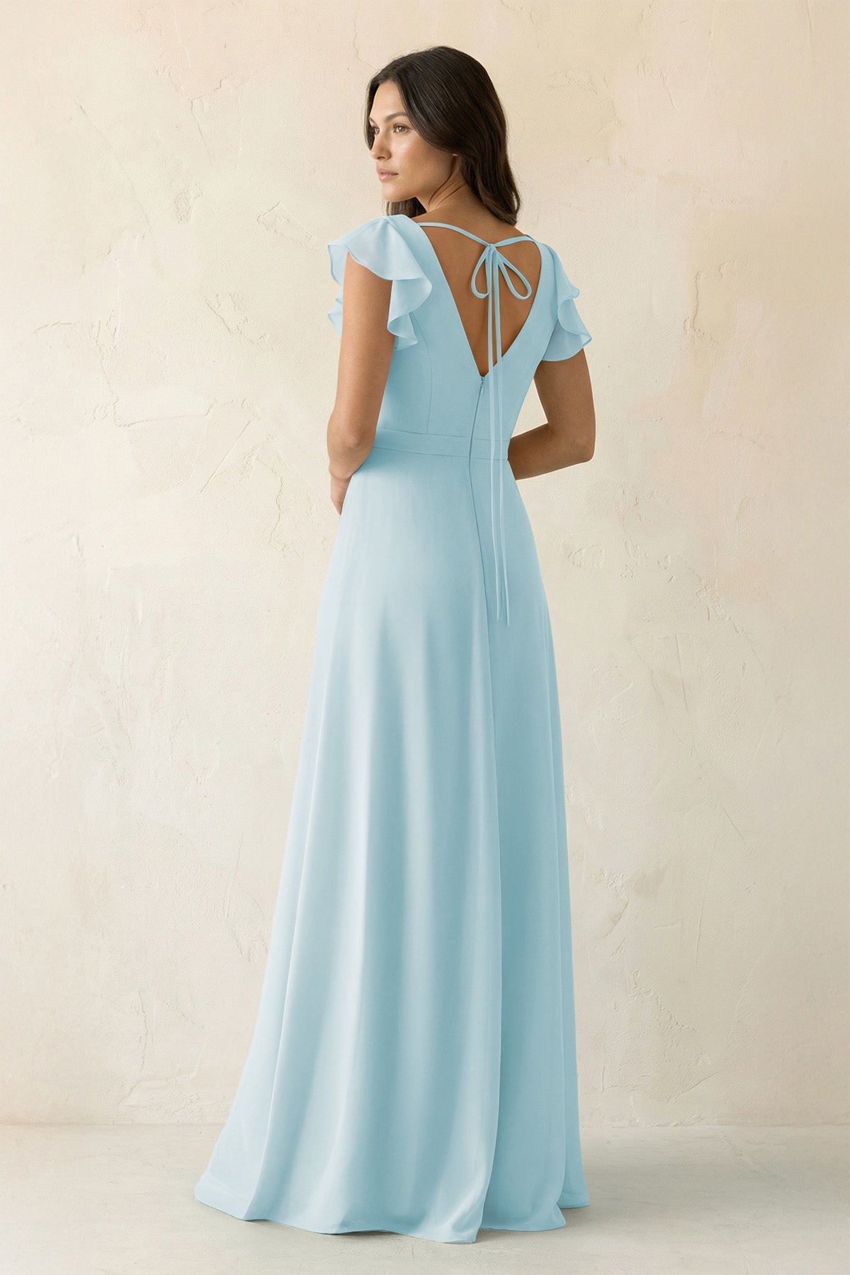 V-Neck Ruffled A-Line Chiffon Bridesmaid Dress in Sky Blue