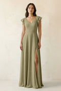 V-Neck Ruffled A-Line Chiffon Bridesmaid Dress in Thyme