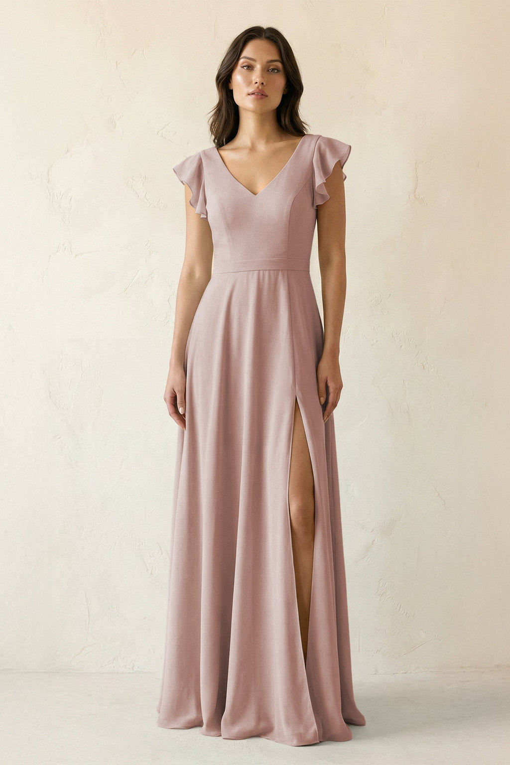 V-Neck Ruffled A-Line Chiffon Bridesmaid Dress in Toffee