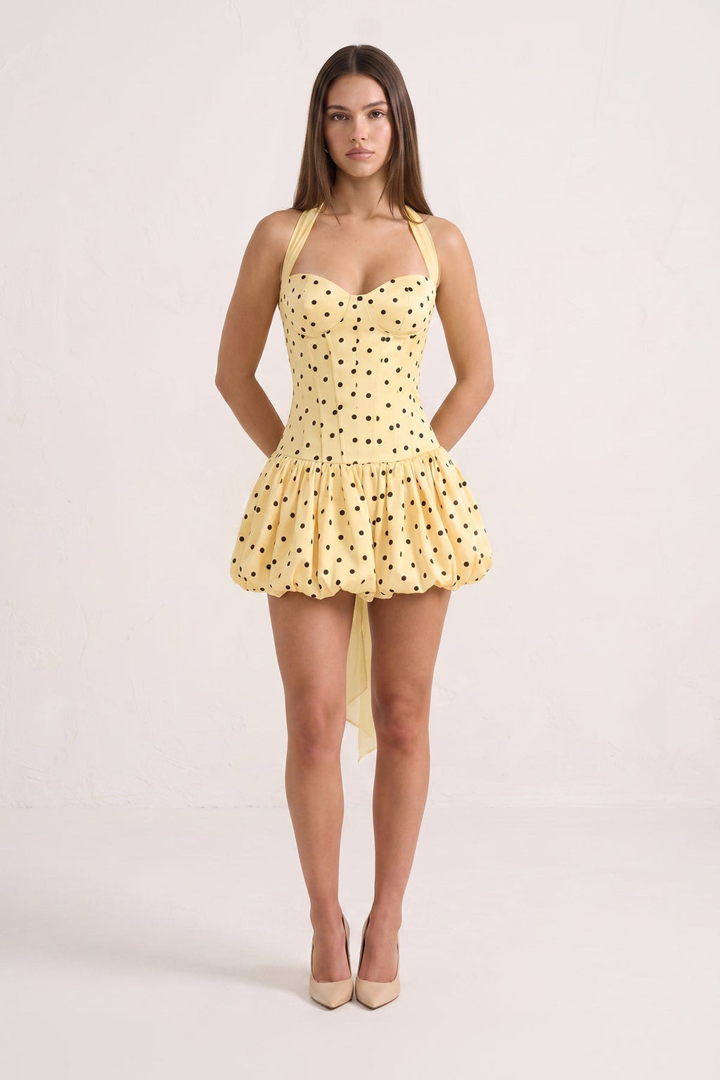 Yellow Halter A-Line Satin Polka Dots Bubble Hem Homecoming Dress
