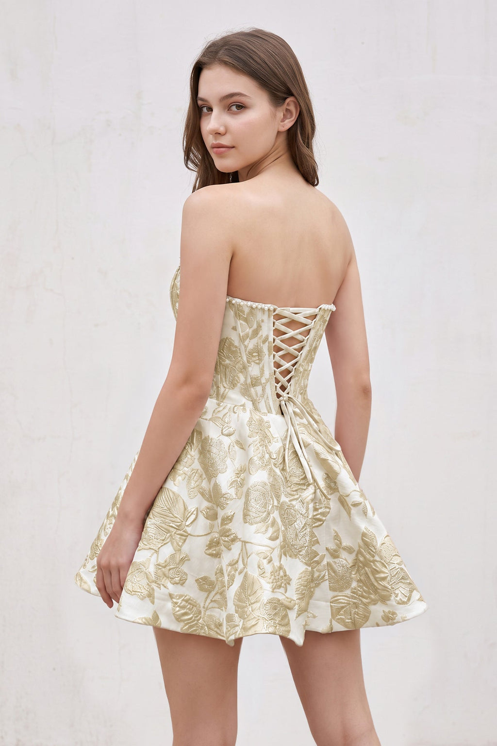 Pink Jacquard A-Line Strapless Corset Homecoming Dress With Pearl