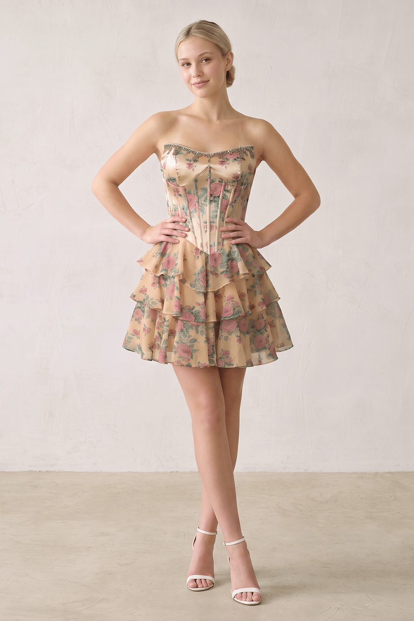 Pink Strapless A-Line Floral Corset Homecoming Dress